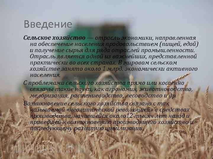 Введение хозяйства. Сельское хозяйство отрасль экономики направленная на обеспечение. Мировое сельское хозяйство. Введение в сельскохозяйственное производство.