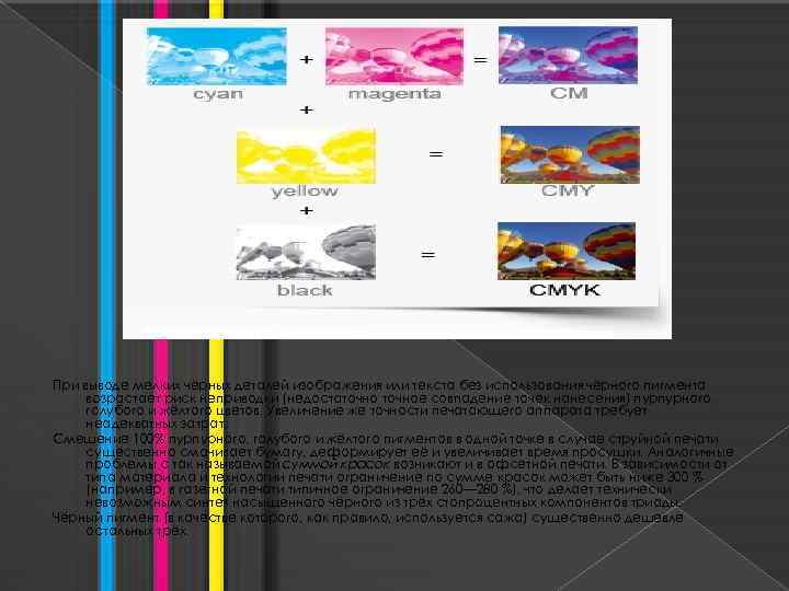 При выводе мелких чёрных деталей изображения или текста без использования чёрного пигмента возрастает риск