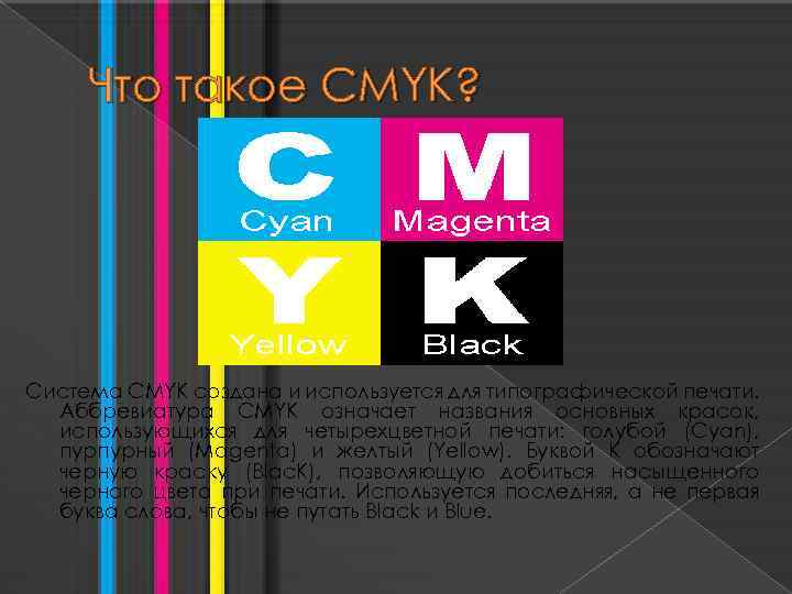 Что такое CMYK? Система CMYK создана и используется для типографической печати. Аббревиатура CMYK означает