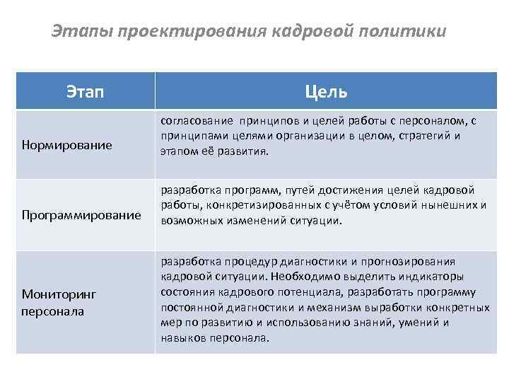 Корректировка проекта кадровой политики осуществляется