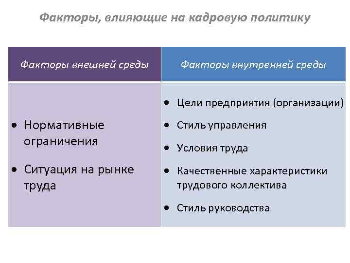 Факторы, влияющие на кадровую политику Факторы внешней среды Факторы внутренней среды Цели предприятия (организации)