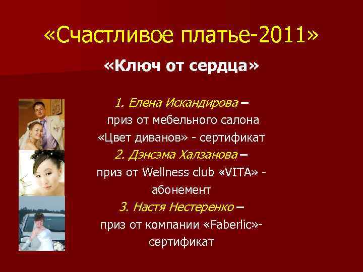  «Счастливое платье-2011» «Ключ от сердца» 1. Елена Искандирова – приз от мебельного салона