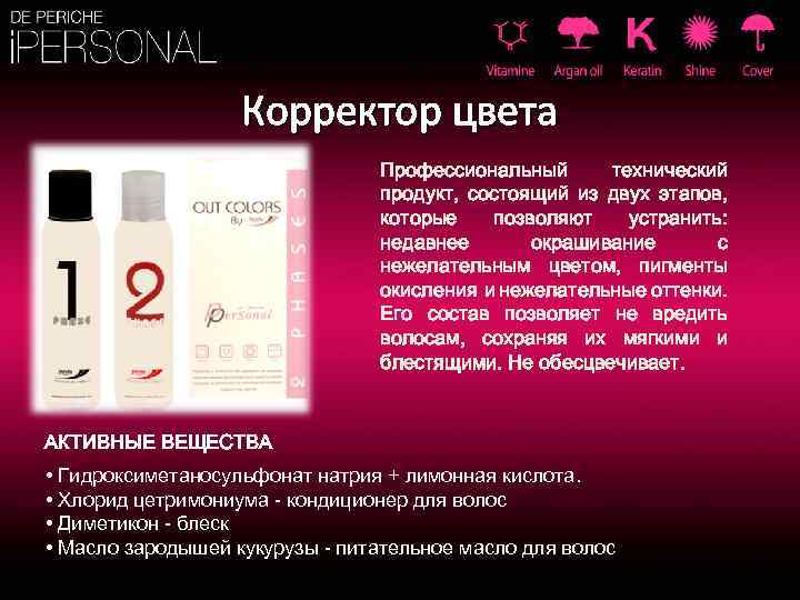 Корректор цвета Профессиональный технический продукт, состоящий из двух этапов, которые позволяют устранить: недавнее окрашивание