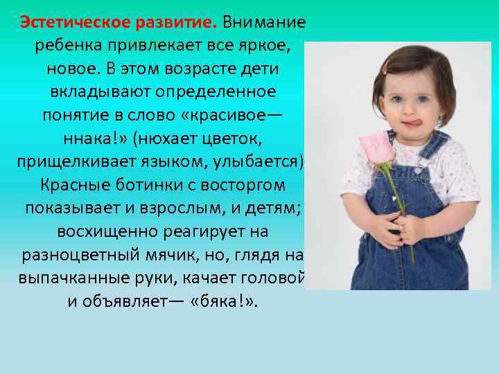 Эстетическое развитие. Внимание ребенка привлекает все яркое, новое. В этом возрасте дети вкладывают определенное