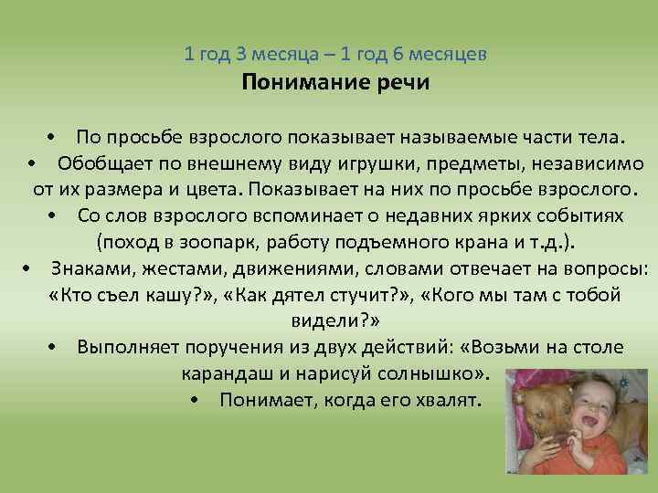 1 год 3 месяца – 1 год 6 месяцев Понимание речи • По просьбе