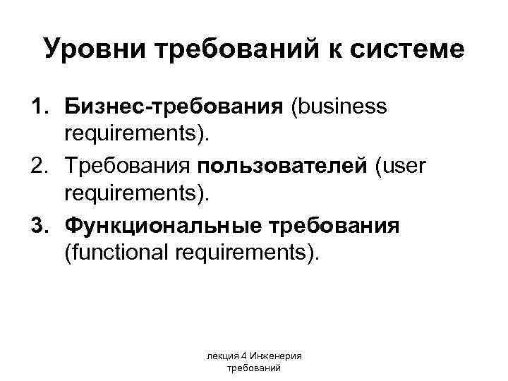 Уровни требований к системе 1. Бизнес-требования (business requirements). 2. Требования пользователей (user requirements). 3.