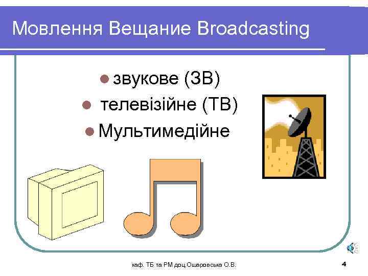 Мовлення Вещание Broadcasting l звукове (ЗВ) l телевізійне (ТВ) l Мультимедійне каф. ТБ та