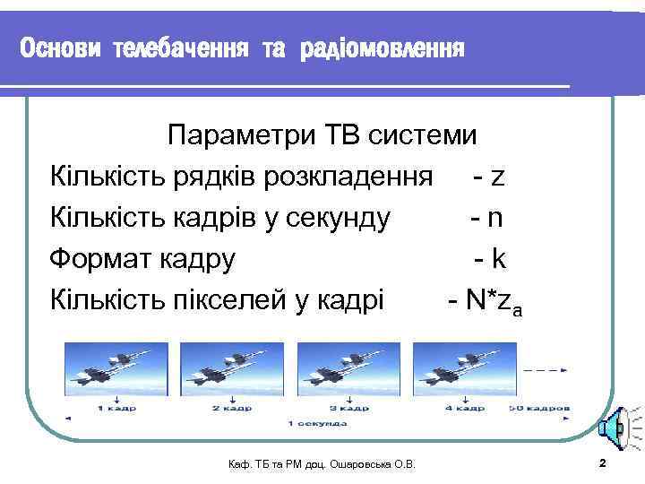 Основи телебачення та радіомовлення Параметри ТВ системи Кількість рядків розкладення - z Кількість кадрів