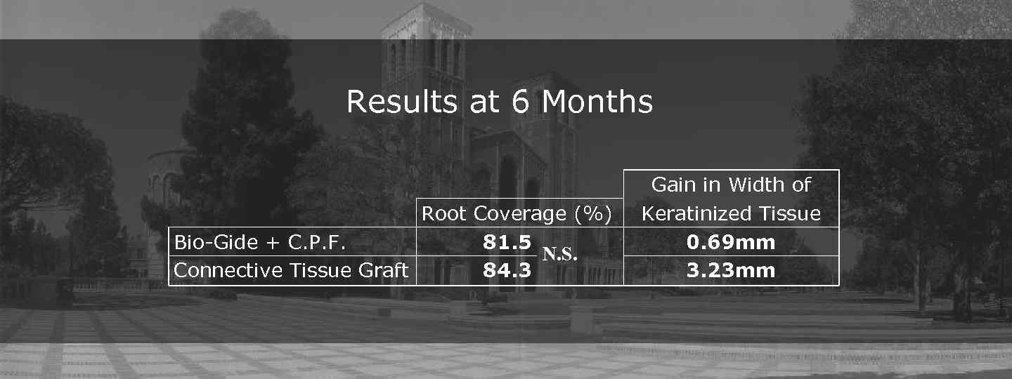 Results at 6 Months Root Coverage (%) Bio-Gide + C. P. F. 81. 5