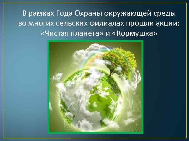 В рамках Года Охраны окружающей среды во многих сельских филиалах прошли акции: «Чистая планета»