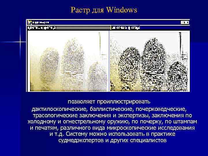 Растр для Windows позволяет проиллюстрировать дактилоскопические, баллистические, почерковедческие, трасологические заключения и экспертизы, заключения по
