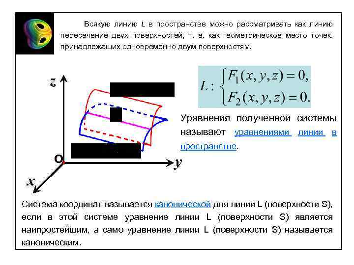Всякую линию L в пространстве можно рассматривать как линию пересечение двух поверхностей, т. е.