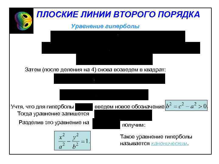 ПЛОСКИЕ ЛИНИИ ВТОРОГО ПОРЯДКА Уравнение гиперболы Затем (после деления на 4) снова возведем в