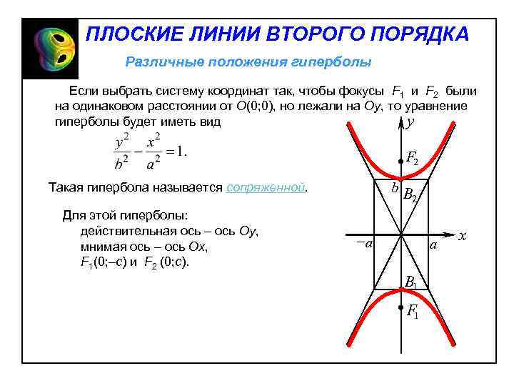 ПЛОСКИЕ ЛИНИИ ВТОРОГО ПОРЯДКА Различные положения гиперболы Если выбрать систему координат так, чтобы фокусы