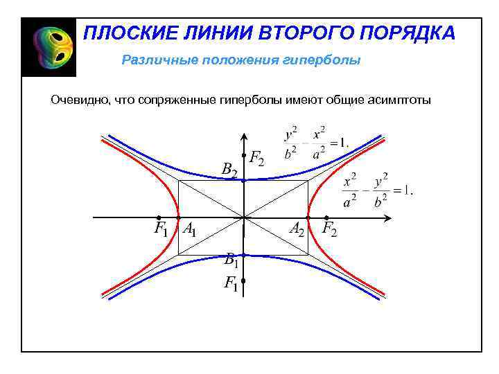 ПЛОСКИЕ ЛИНИИ ВТОРОГО ПОРЯДКА Различные положения гиперболы Очевидно, что сопряженные гиперболы имеют общие асимптоты