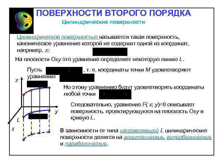 ПОВЕРХНОСТИ ВТОРОГО ПОРЯДКА Цилиндрические поверхности Цилиндрической поверхностью называется такая поверхность, каноническое уравнение которой не