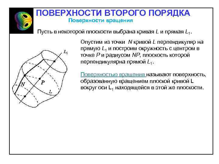 ПОВЕРХНОСТИ ВТОРОГО ПОРЯДКА Поверхности вращения Пусть в некоторой плоскости выбрана кривая L и прямая