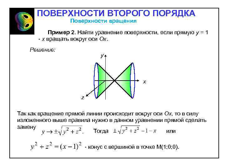 ПОВЕРХНОСТИ ВТОРОГО ПОРЯДКА Поверхности вращения Пример 2. Найти уравнение поверхности, если прямую y =