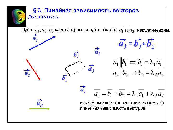 § 3. Линейная зависимость векторов Достаточность. Пусть компланарны, и пусть вектора неколлинеарны. из чего