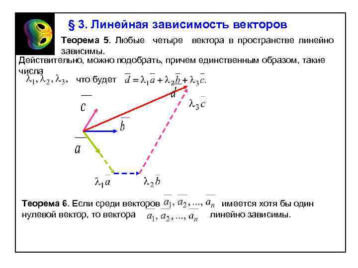 § 3. Линейная зависимость векторов Теорема 5. Любые четыре вектора в пространстве линейно зависимы.