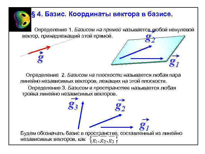 § 4. Базис. Координаты вектора в базисе. Определение 1. Базисом на прямой называется любой