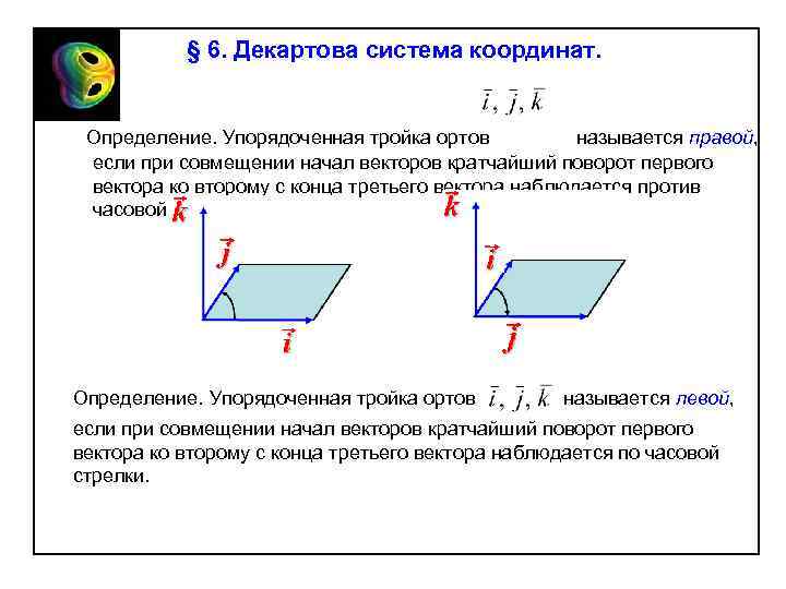 § 6. Декартова система координат. Определение. Упорядоченная тройка ортов называется правой, если при совмещении