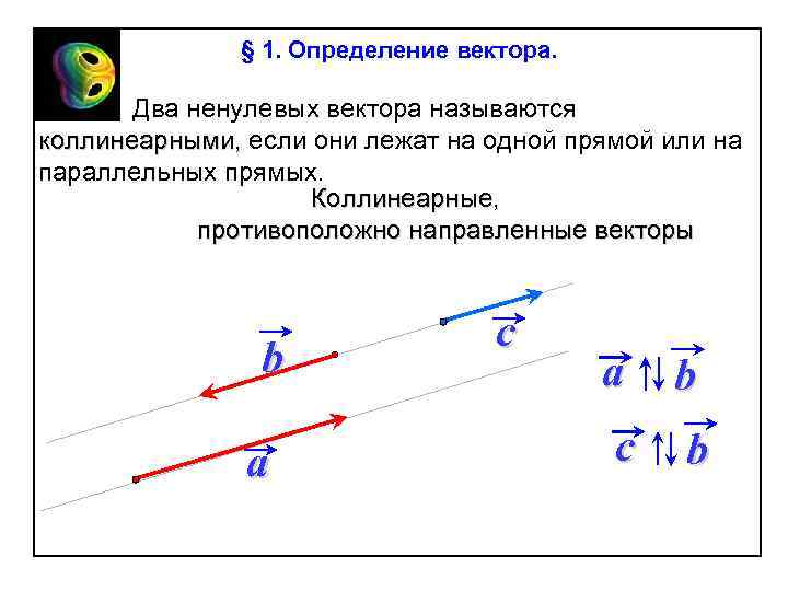 § 1. Определение вектора. Два ненулевых вектора называются коллинеарными, если они лежат на одной