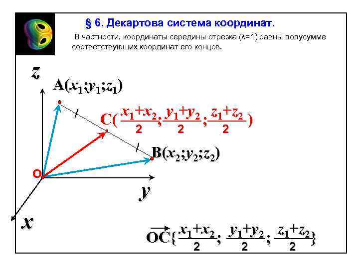 § 6. Декартова система координат. В частности, координаты середины отрезка (λ=1) равны полусумме соответствующих