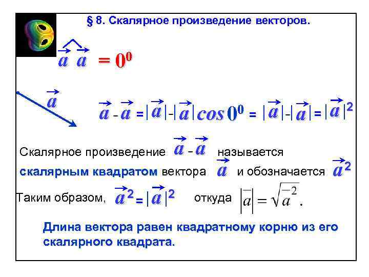 § 8. Скалярное произведение векторов. a a = 00 a = a 2 и