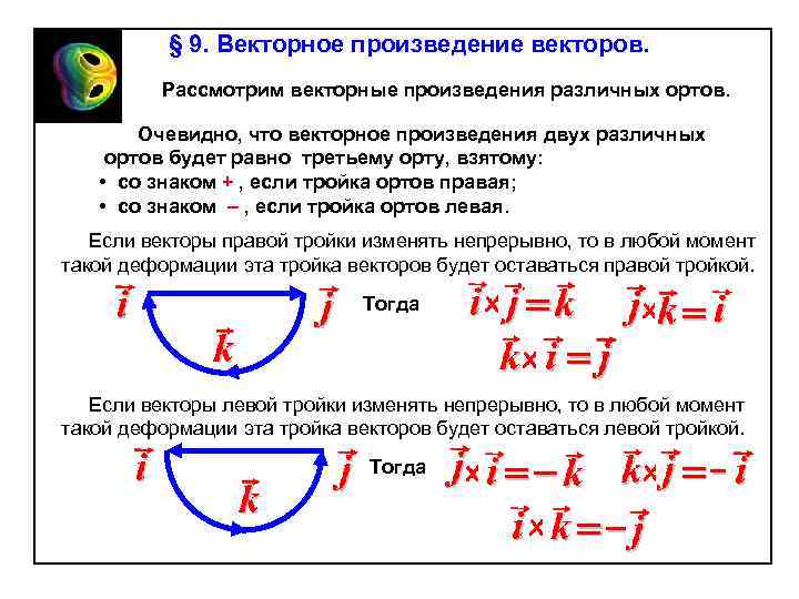 § 9. Векторное произведение векторов. Рассмотрим векторные произведения различных ортов. Очевидно, что векторное произведения