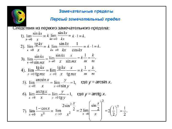 Замечательные пределы Первый замечательный предел Cледствия из первого замечательного предела: где y = arcsin
