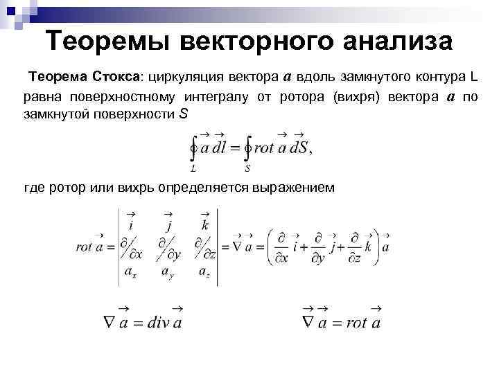 Теоремы векторного анализа Теорема Стокса: циркуляция вектора а вдоль замкнутого контура L равна поверхностному