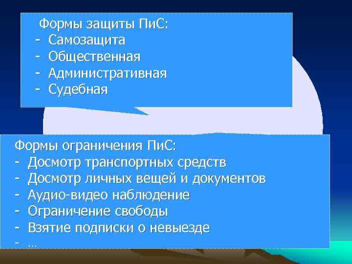 Формы защиты Пи. С: - Самозащита - Общественная - Административная - Судебная Формы ограничения