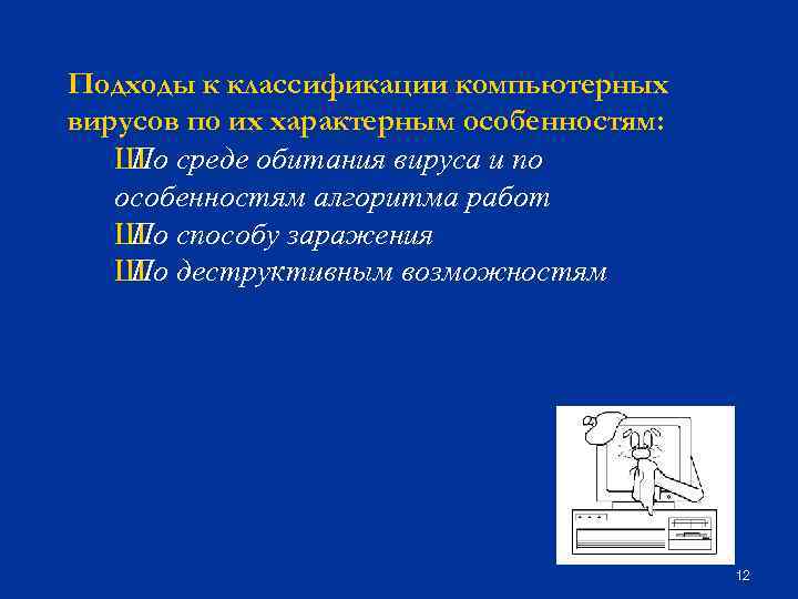 Подходы к классификации компьютерных вирусов по их характерным особенностям: Ш среде обитания вируса и