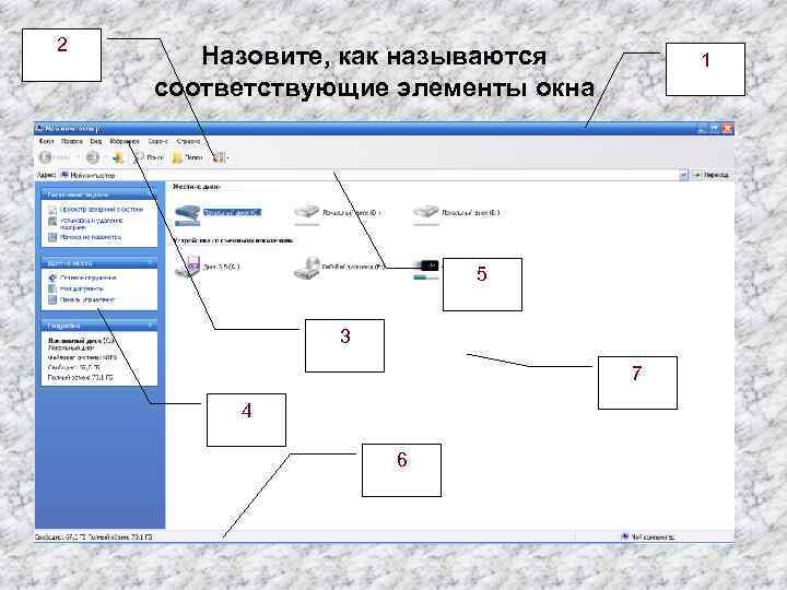 2 Назовите, как называются соответствующие элементы окна 1 5 3 7 4 6 