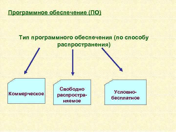 Программное обеспечение (ПО) Тип программного обеспечения (по способу распространения) Коммерческое Свободно распространяемое Условнобесплатное 