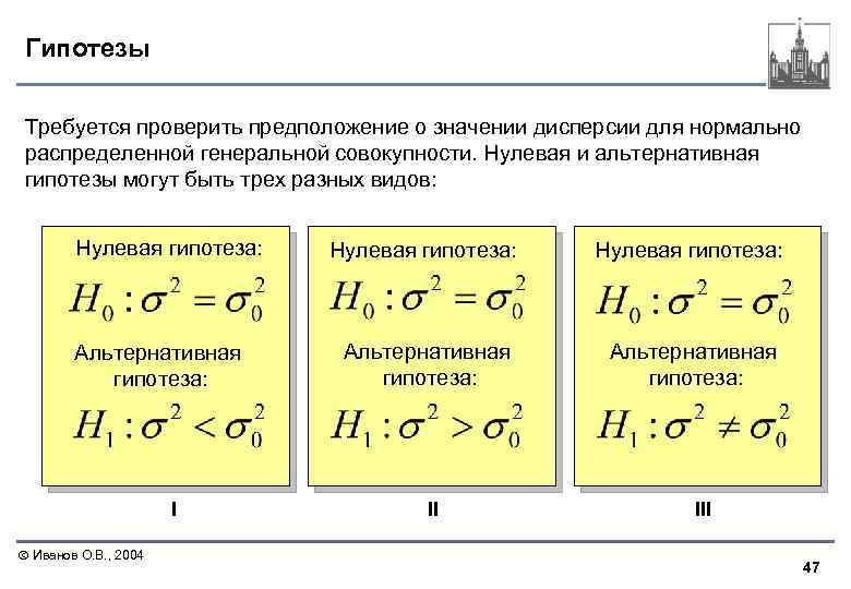 Гипотезы Требуется проверить предположение о значении дисперсии для нормально распределенной генеральной совокупности. Нулевая и