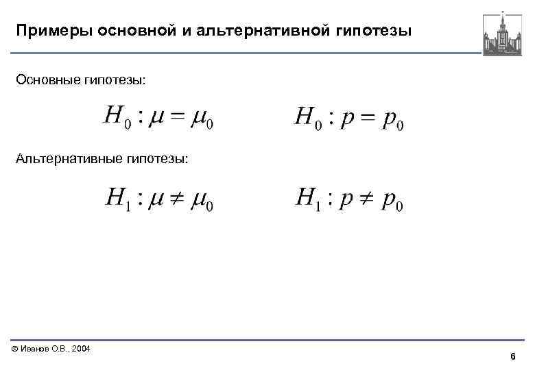 Примеры основной и альтернативной гипотезы Основные гипотезы: Альтернативные гипотезы: Иванов О. В. , 2004