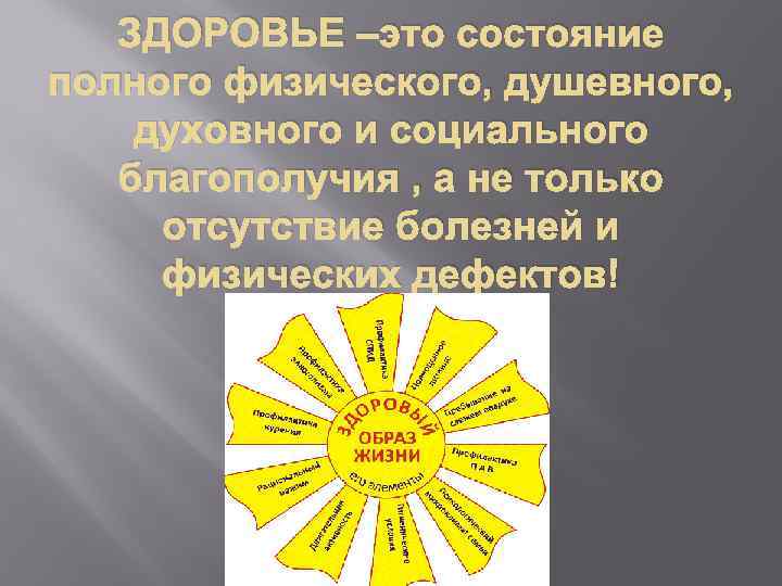 ЗДОРОВЬЕ –это состояние полного физического, душевного, духовного и социального благополучия , а не только