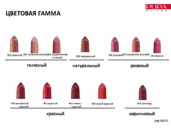 ЦВЕТОВАЯ ГАММА 1 100 телесный 101 телесный розовый 02 романтичный розовый 200 натуральный телесный