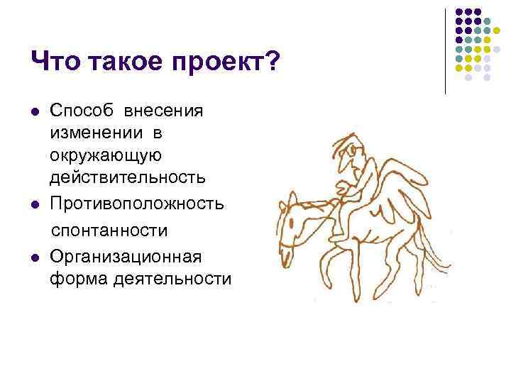 Что такое проект? l l l Способ внесения изменении в окружающую действительность Противоположность спонтанности