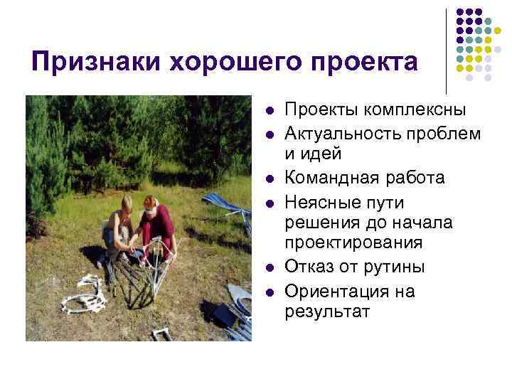 Признаки хорошего проекта l l l Проекты комплексны Актуальность проблем и идей Командная работа