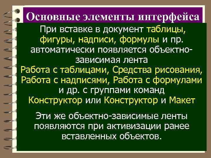 Основные элементы интерфейса При вставке в документ таблицы, фигуры, надписи, формулы и пр. автоматически