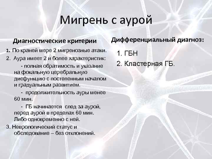 Мигрень с аурой Диагностические критерии 1. По краней мере 2 мигренозные атаки. 2. Аура