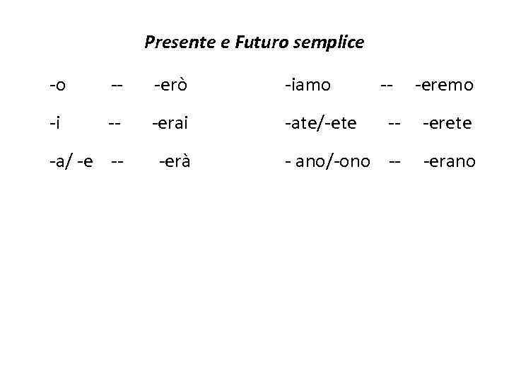 Presente e Futuro semplice -o -- -erò -iamo -- -eremo -i -- -erai -ate/-ete