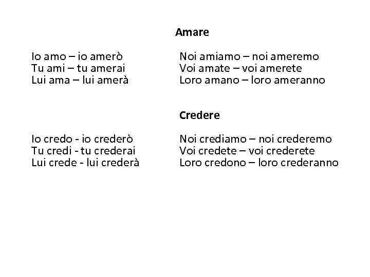 Amare Io amo – io amerò Tu ami – tu amerai Lui ama –