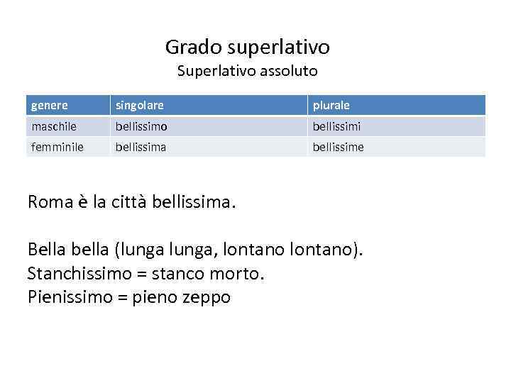 Grado superlativo Superlativo assoluto genere singolare plurale maschile bellissimo bellissimi femminile bellissima bellissime Roma