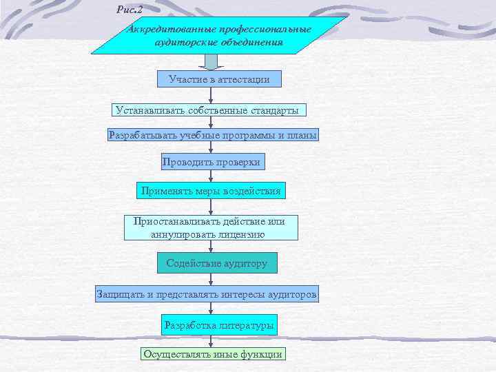 Рис. 2 Аккредитованные профессиональные аудиторские объединения Участие в аттестации Устанавливать собственные стандарты Разрабатывать учебные