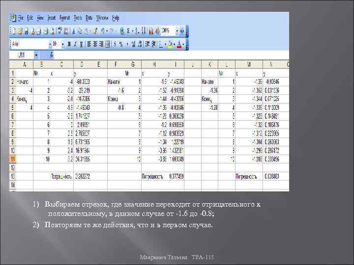 1) Выбираем отрезок, где значение переходит от отрицательного к положительному, в данном случае от