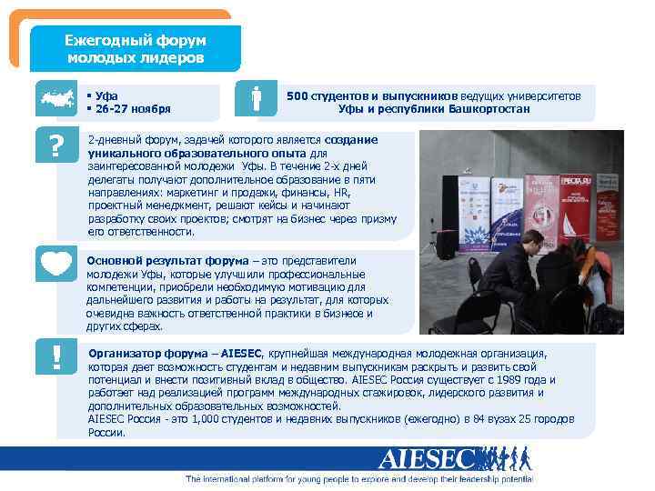 Ежегодный форум молодых лидеров § Уфа § 26 -27 ноября ? ? 500 студентов